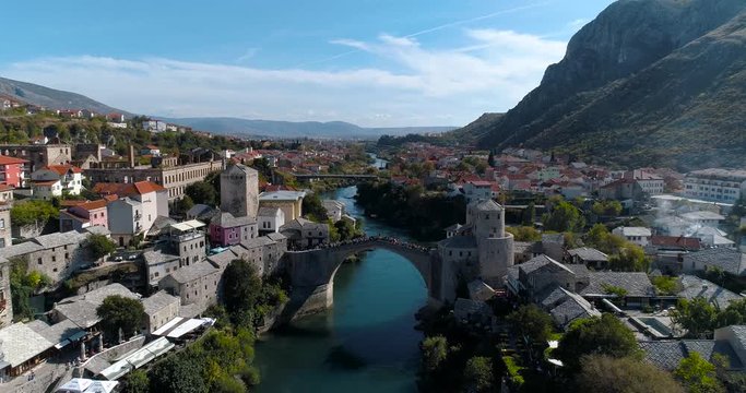 Mostar and old bridge from the air Aerial view, Zoom in