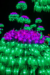 Colorful LED flower decoration and bokeh as a background. Concept of energy saving and cool lighting.