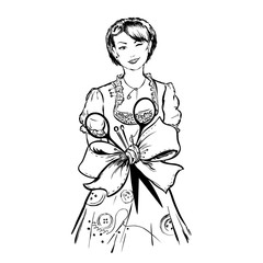 Tailor female dressmaker girl with sewing equipment around talia  ribbon bow is tied together folded wiht needles, thread, scissors on white background