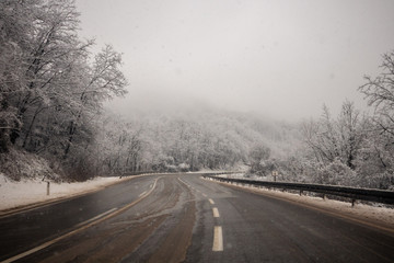 Fototapeta premium Snow on the road at winter. Trees covered with snow next to the road. Cestobrodica in Serbia.