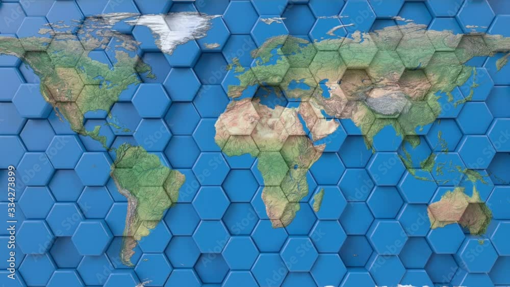 Poster world earth map on looping hexagonal blue background. 3d render seamless animation. geographical atl