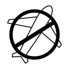 Top view of a disabled airplane icon, used when travel is prohibited or banned. Vector illustration in black and white. Icon for websites and mobile applications.
