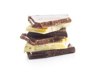 Broken white, milk and dark chocolate bars