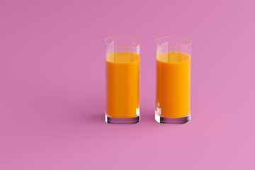 Orange juice in a glass with highlights on a purple background in the studio, place for text, icon, wallpaper