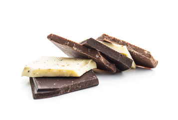 Broken white, milk and dark chocolate bars