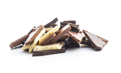 Broken white, milk and dark chocolate bars