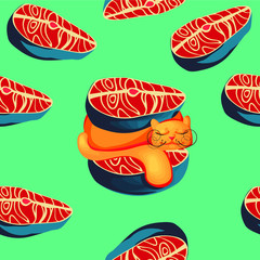 printable colorful vector seamless background with cartoon salmon pieces and comical cat sandwich