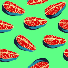 vector seamless background with colorful cartoon pictures of sliced salmon