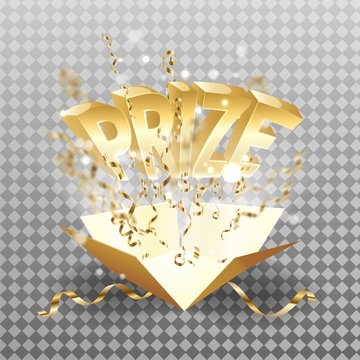 Prize text explosion on box and gold confetti
