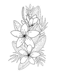 Tropical flowers bouquet. Floral composition. Black lines on white background. Vector illustration.
