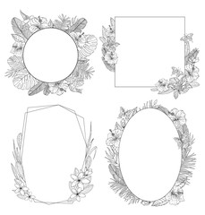 Tropical flowers frames set. Black lines on white background. Vector illustration.