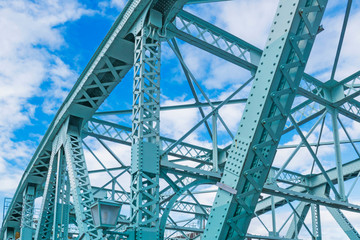 Abstract industry or transportation background with detail of steel bridge frames with rivets in city of Kanazawa in Japan. 