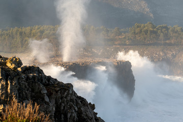 Blowholes at Bufones de Pria after a heavy storm, Asturias, Spain