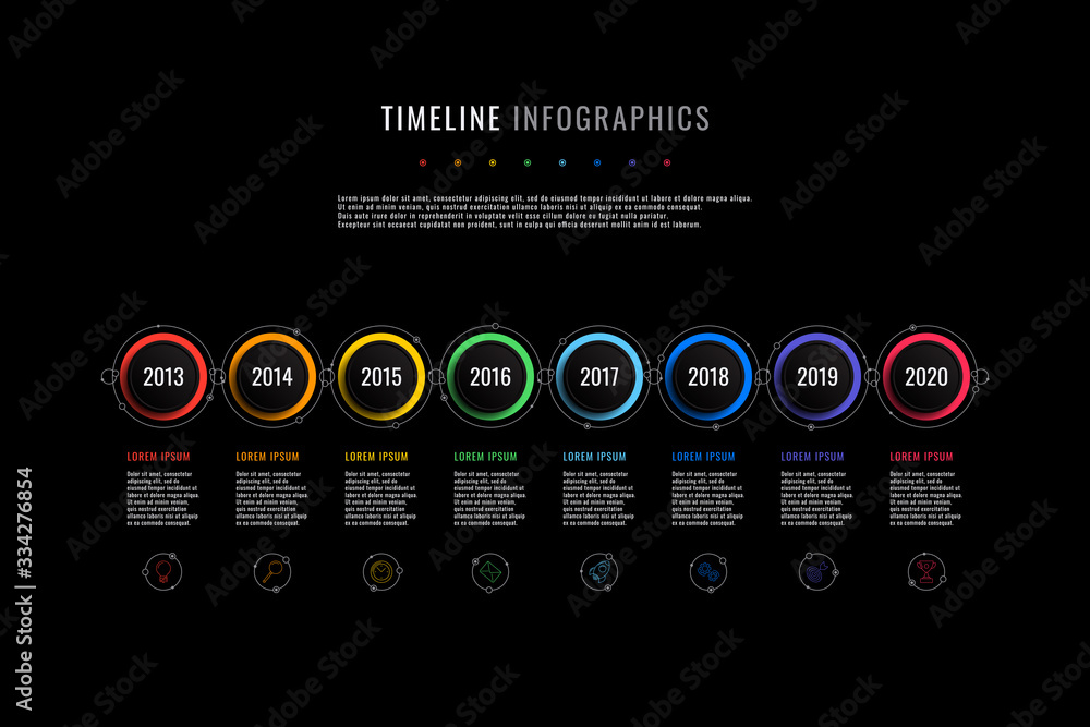 Poster horizontal timeline infographic with round elements, year indication and text boxes on a black backg