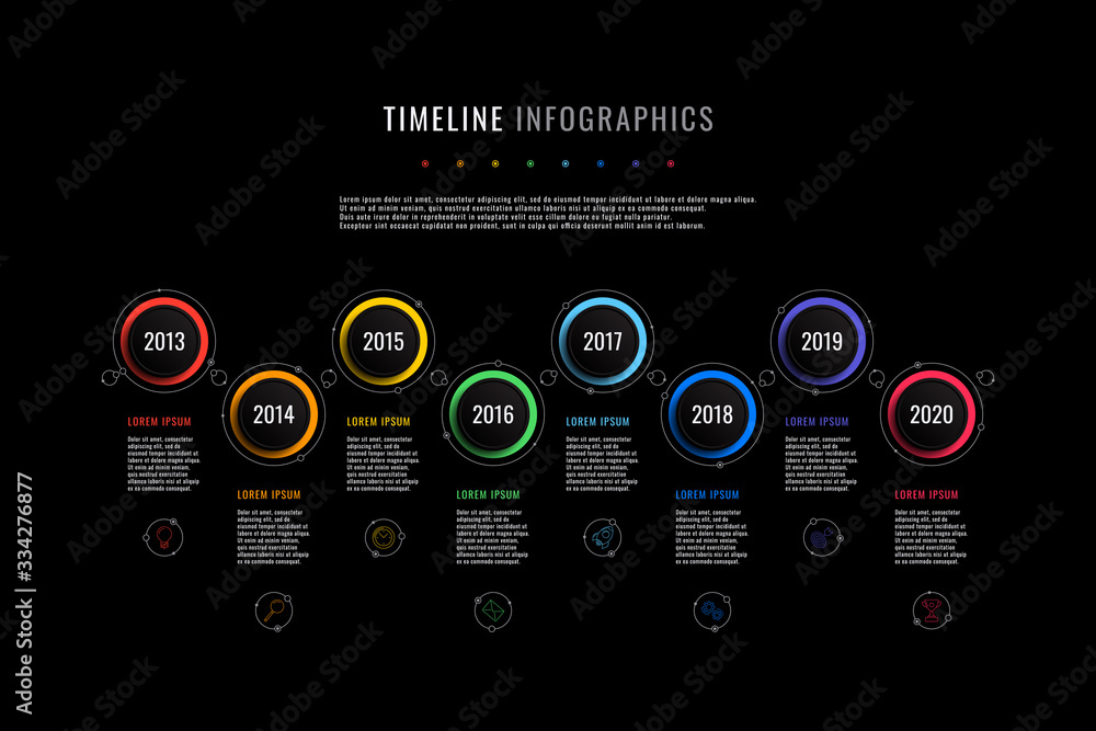 Aufkleber horizontal timeline infographic with round elements, year indication and text boxes on a black backg