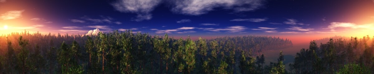 Naklejka na ściany i meble Panorama of the forest landscape, sunrise over the forest, sunset over the park, 3D rendering