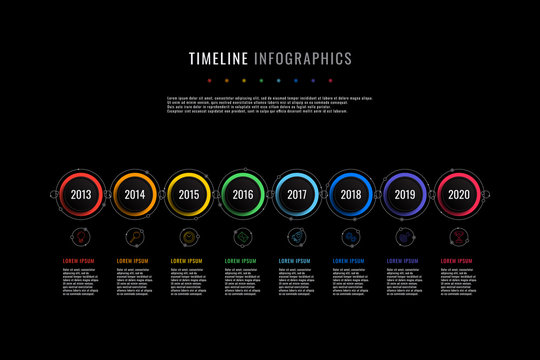 horizontal timeline infographic with round elements, year indication and text boxes on a black background. realistic 3d paper cut design. modern vector company presentation slide template. eps 10
