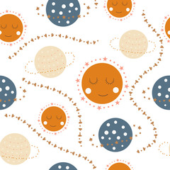 Seamless pattern of cute sleepy planets on a white background