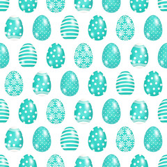 Hand drawn seamless pattern of many blue and white eggs with lines, circles, flowers, glare. Bright spring doodle illustration for Easter holiday, greeting card, invitation, wallpaper, wrapping paper
