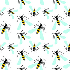 Seamless vector pattern with insects, symmetrical background with closeup yellow wasps on the light backdrop