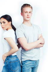 Fototapeta premium modern hipster guys together couple diverse nations, asian girl and caucasian blond boy isolated on white background, lifestyle people concept