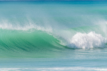 Vague de surf déroulant et déferlant dans la mer des Caraïbes