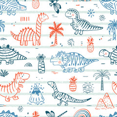 Cartoon Dinosaur Vector Seamless pattern for kids fashion. Childish Background with Hand drawn doodle Striped Cute Dinosaurs