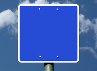 empty blue square metal traffic sign on silver color aluminum post. light clear blue sky background with white clouds. graphic resource backdrop. and base. galvanized bolt fasteners. white frame.  