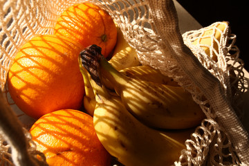 no plastic eco string bag with oranges fruits healthy food diet vitamins