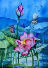 Watercolor illustration of a Kingfisher bird resting on a leaf of a blooming Lotus against a background of green foliage and blue sky.