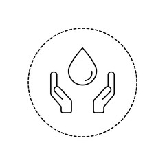 Fototapeta na wymiar Hands holding a drop line icon in a circle. Donate blood symbol. Save water sign. Environmental protection awareness concept. Symbol of care for planet Earth. Vector illustration, flat style, clip art