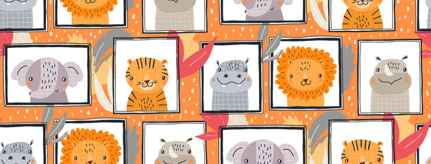Hand drawn vector seamless pattern illustration of cute animals in frames. Scandinavian style flat design for kids. The concept for children's textiles, wrappings, wallpapers, covers.