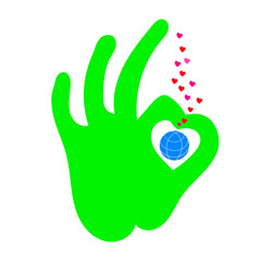 Folded fingers in the OK sign. Globe with hearts.