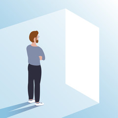 A young man stands in front of an open door. Makes a choice and makes a decision. Ahead of new opportunities and work. Vector illustration.