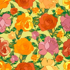 Abstract pattern of floral rows. Flowers and grass in green fields. Warm summer sunny day. Vector illustration seamless.