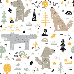 Cute Wolf Vector Seamless pattern. Childish Background with Hand Drawn doodle Wolves in Forest. Cartoon Wild Animals Wallpaper. Design for kids