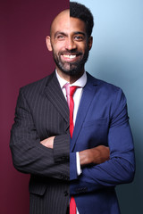 Portraits of people in front of a colored background