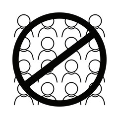 Graphic of multiple people gathering very close together, with a prohibited icon. Vector illustration in black and white for websites or applications.