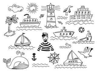 Collection of isolated black outline doodle marine transport with waves, lighthouse, seagull, whale and sailor man. Set of cute hand drawn sea objects for emblem design, coloring books and apps, logo - obrazy, fototapety, plakaty