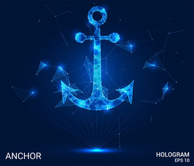 Hologram anchor. An anchor consisting of polygons, triangles, points, and lines. Anchor is a low-poly connection structure. The technology concept. © newrossosh