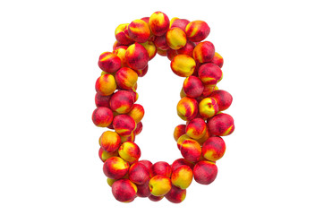 Number 0 from nectarines or peaches, 3D rendering