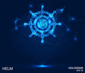Hologram helm. The helm consists of polygons, triangles of points and lines. The steering wheel is a low-poly joint structure. The technology concept. © newrossosh