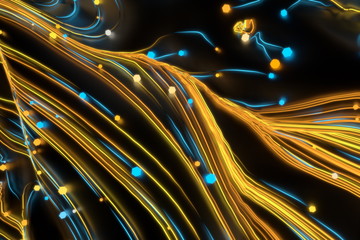 Neon glowing twisted cosmic lines on the glossy surface. Turbulence curls flow colorful motion. Fluid and smooth astronomy vortex swirl structure. 3d rendering Abstract creative modern background