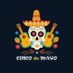 Cinco de Mayo on May 5th. Vector illustration with design for federal holiday in mexico. Pattern with traditional mexican symbols, guitar, skull, flowers, red pepper, maracas, sombrero.