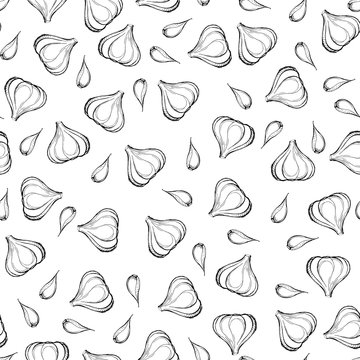 Garlic with garlic clove seamless pattern on a white background. Black-and-white illustration. Design for fabric, scrapbooking, packaging paper, wallpaper, wrap, farmers market