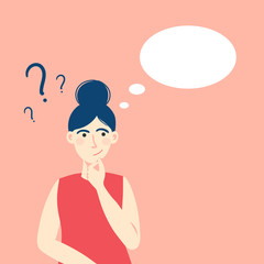 Young lady is confused. Beautiful brunette girl doubts, thinks why. Woman with question mark. Cartoon vector illustration.