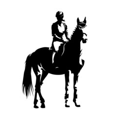 Equestrian, horse riding. Woman jockey. Isolated vector silhouette. Ink drawing