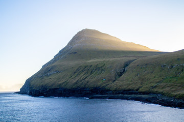 Golden hour panoramic landscape scenery in Stroymoy, Faroe Islands