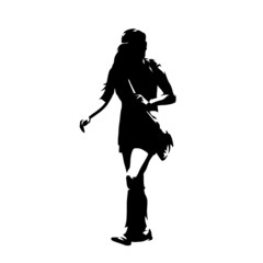 Woman with handbag walking, young lady profile. Ink drawing. Isolated vector silhouette