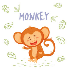 Cute cartoon monkey in jungle on a white backgrount. 